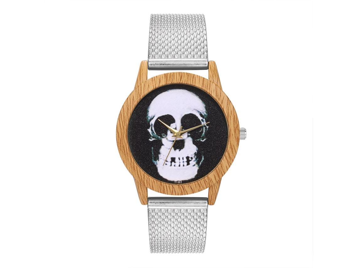 Relógio de Quartzo com Pulseira de Silicone Mesh Padrão de Esqueleto Humano Unico Prata