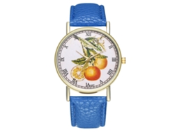 Relógio casual moderno para homens e mulheres, com design de quartzo em formato de fruta e pulseira de couro azul-escuro.