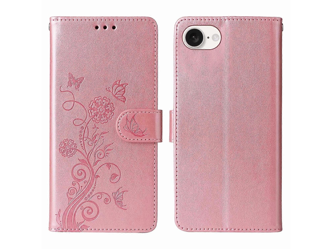 Capa De Couro Com Estampa Floral E Borboleta Para Iphone 16e - Rosa