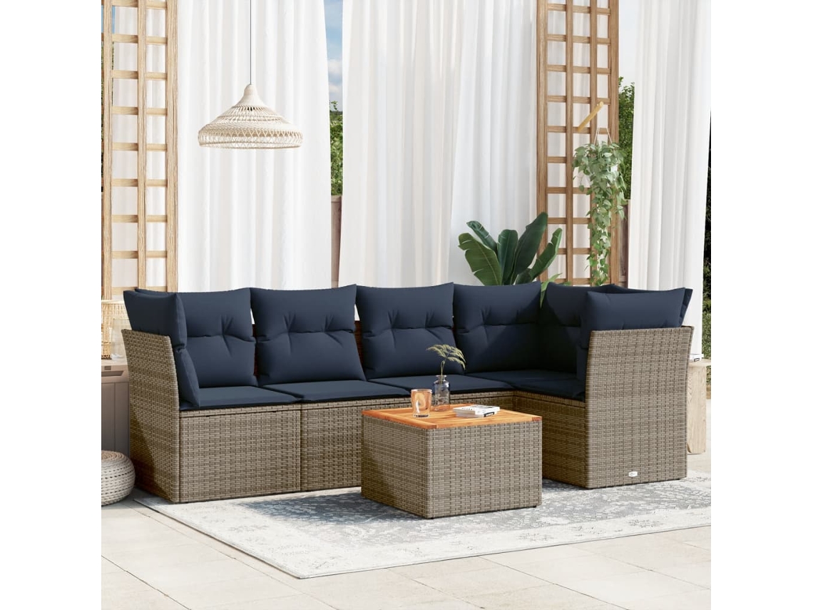 Vidaxl 6 Pcs Conjunto Sofás P/ Jardim C/ Almofadões Vime Pe Cinzento
