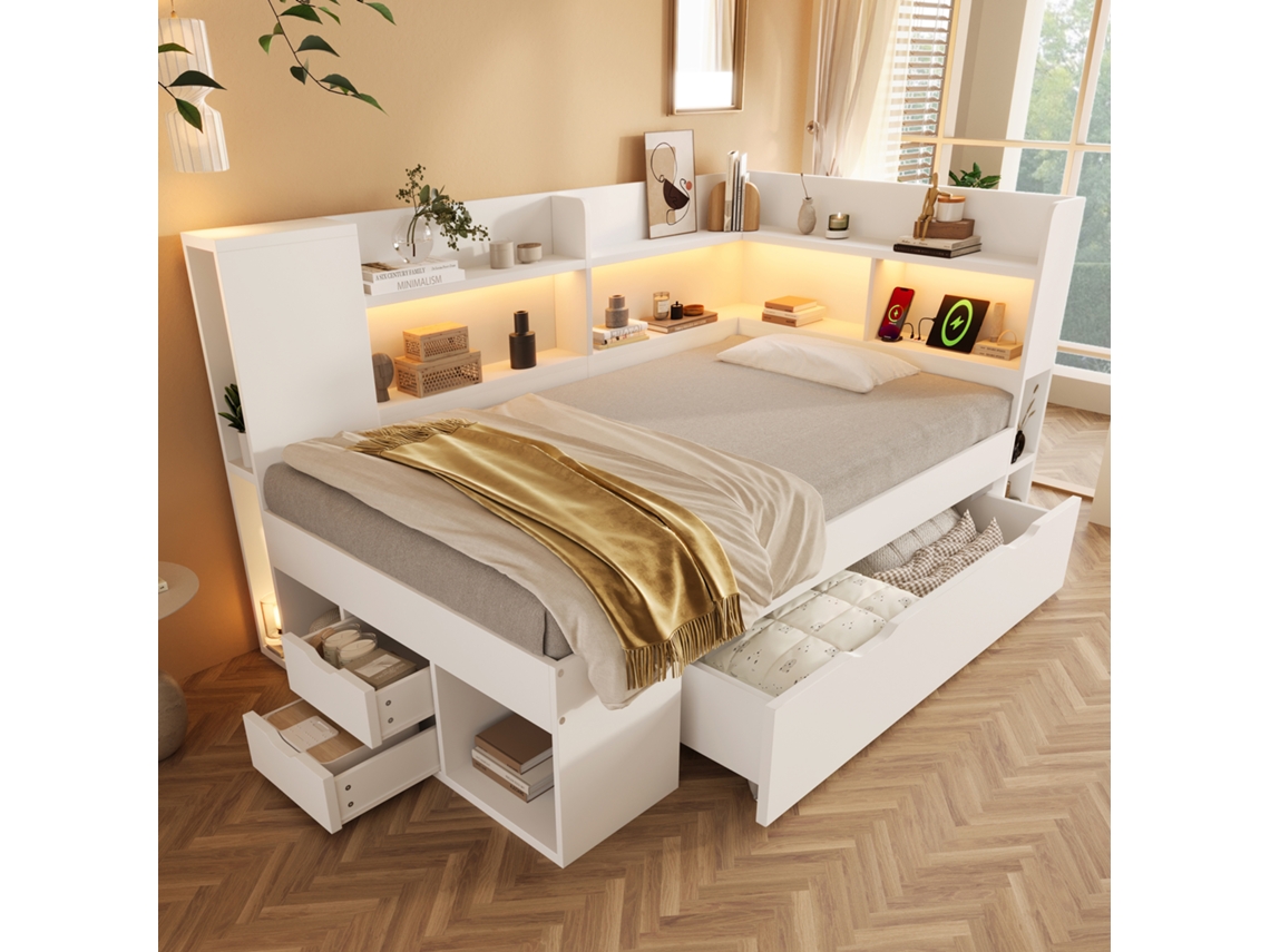 Cama De Dia 90x190 Branca Com Led Usb Tipo-c Armários Gavetas