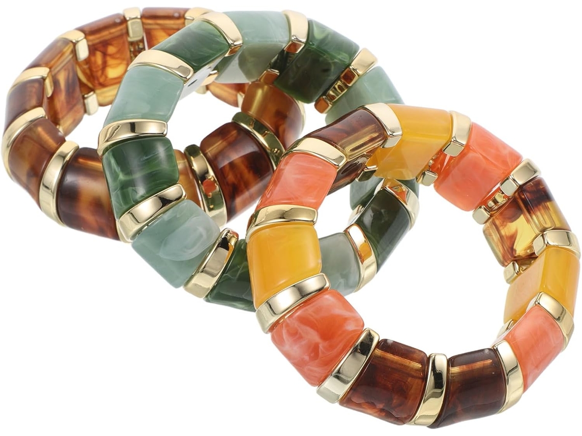 De 3 Pulseiras Largas E Elásticas De Acrílico Da Ciieeo Com Design Geométrico Irregular.