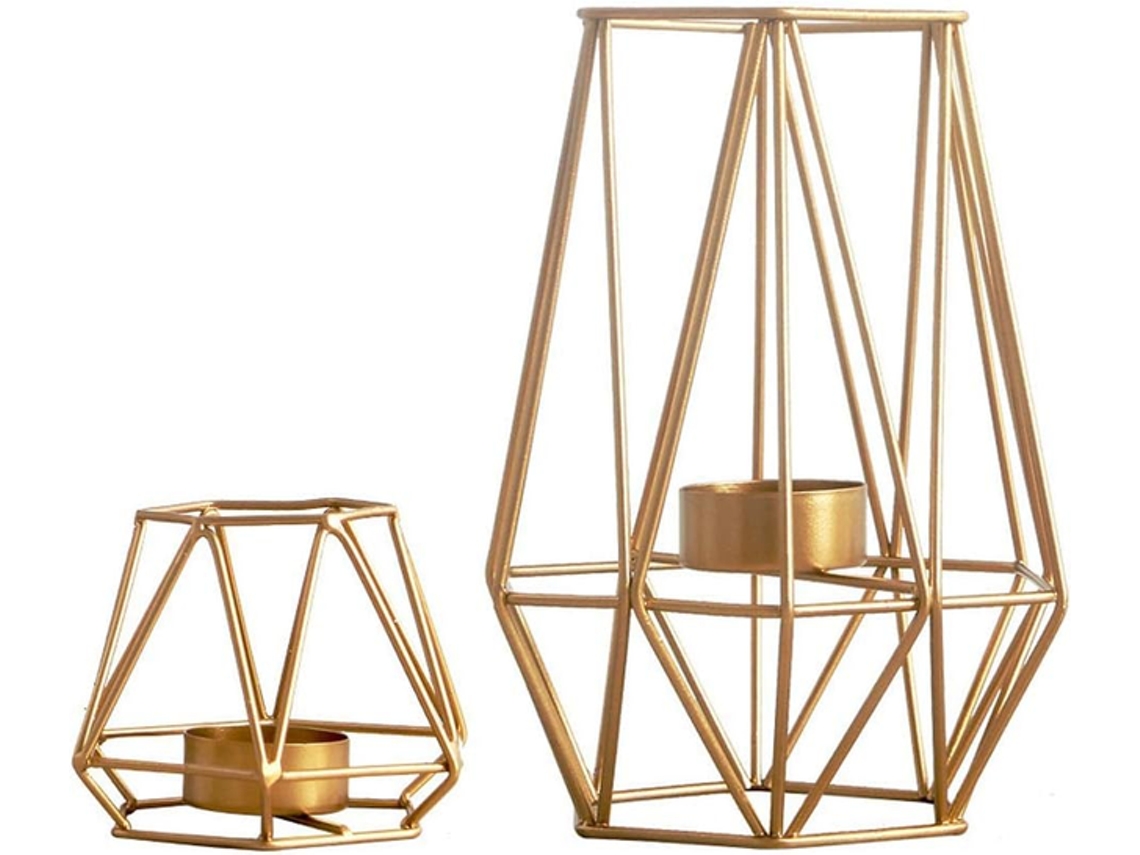 Conjunto 2 Castiçais Hexagonais - Castiçal Dourado - Decoração De Mesa - Porta Velas De Chá - Ferro Forjado - Dourado