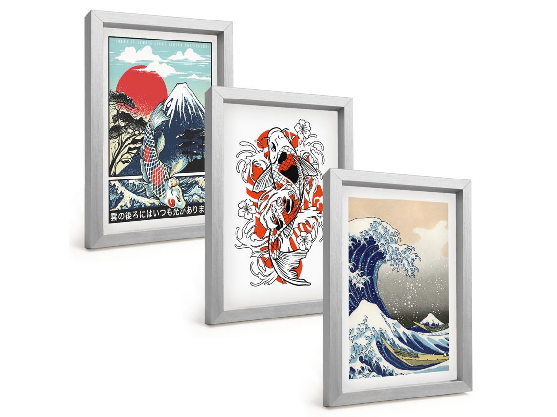 Pinturas Murais Modernasmontanhas, Peixes, Grande Onda, Japão Moldura Prateada Fotos Para O Corredor Espelharte (3 Peças 20x30 Cm)