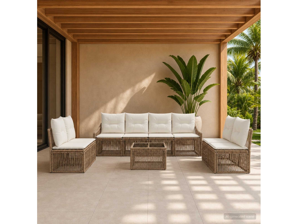 Vidaxl Conjunto De Sofá De Jardim 9 Unid. Bege Vime Pe