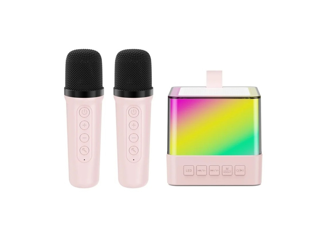 Mini máquina de karaokê portátil Yizhood com alto-falante Bluetooth de alta potência, microfones duplos e luz ambiente LED (rosa)