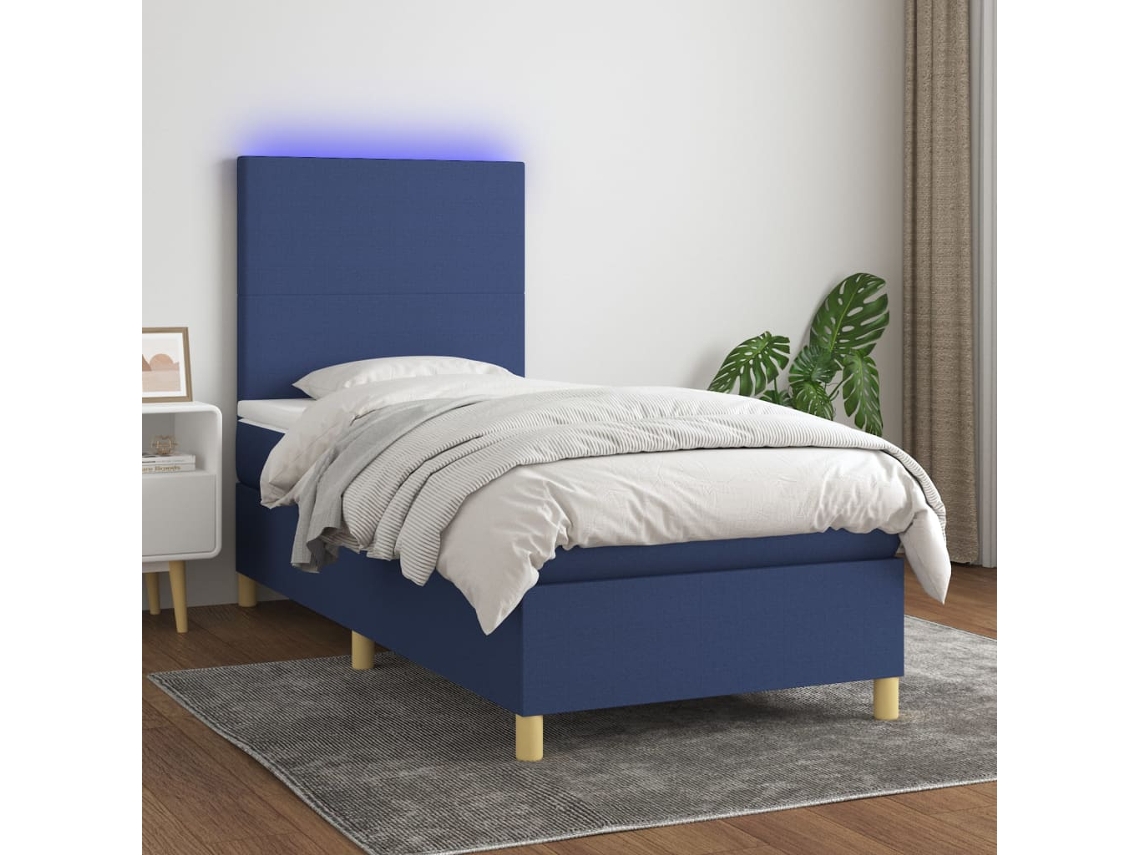 Cama Box Spring C/ Colchão E Led 90x200 Cm Tecido Azul