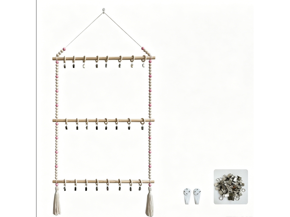 Armário de Pendurar para Organização de Cordões de Madeira para Quarto Doméstico, Estilo Europeu, 3 Camadas, com 2 Pregos Sem Marca e 26 Clips ZSANFS