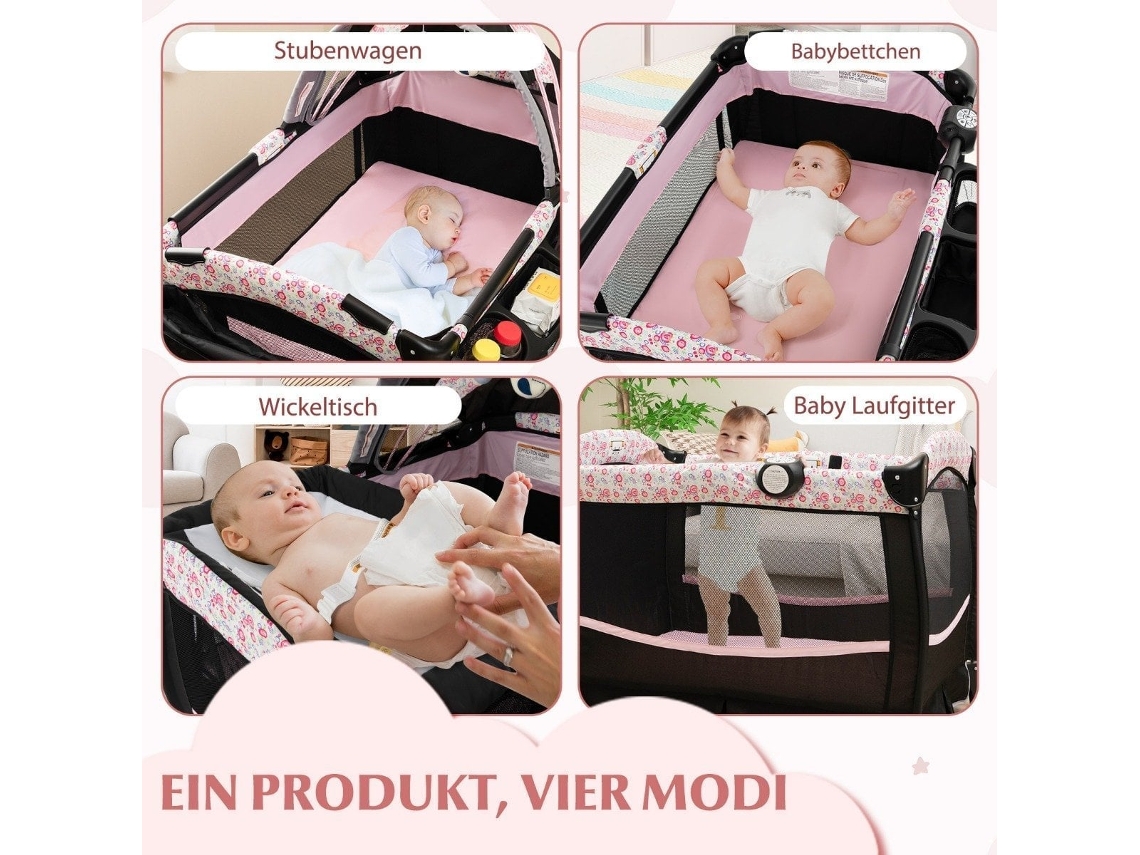 Berço de Viagem 4 em 1 com Colchão, Cama Lateral, Dossel com Flores Rosa | NORTHIX