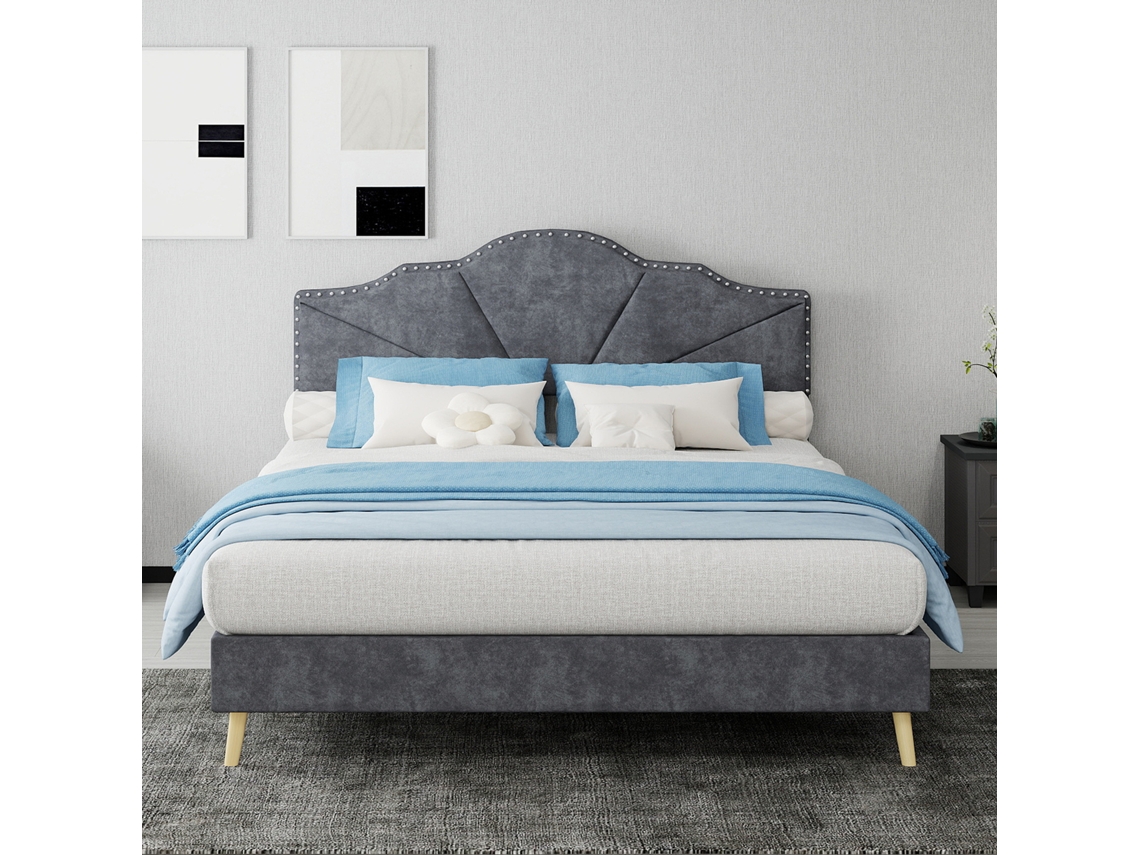 Cama Macia Minimalista Moderna, Cabeceira Confortável, 140x200 Cm, Cinza, Móvel Multifuncional Para Quarto, Cama Baixa Sem Pistão A Gás, Sem Colchão.