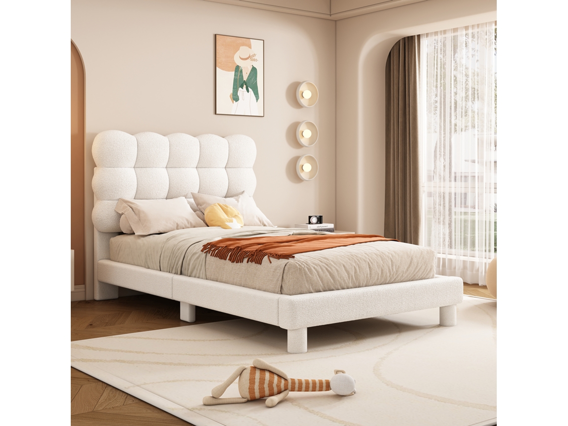 Cama Plana 90x200cm, Estofada, Com Cabeceira Acolchoada Confortável E Triplamente Ajustável, Elegante E Simples, Na Cor Branca.