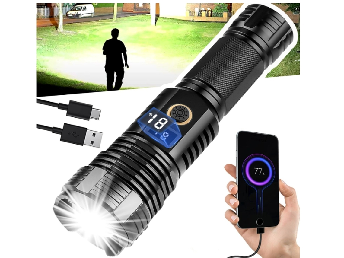 Lanterna BISBISOUS Led Recarregável 90.000 Lúmens À Prova D'Água com Zoom 5 Modos Preto VIGA EUROPE