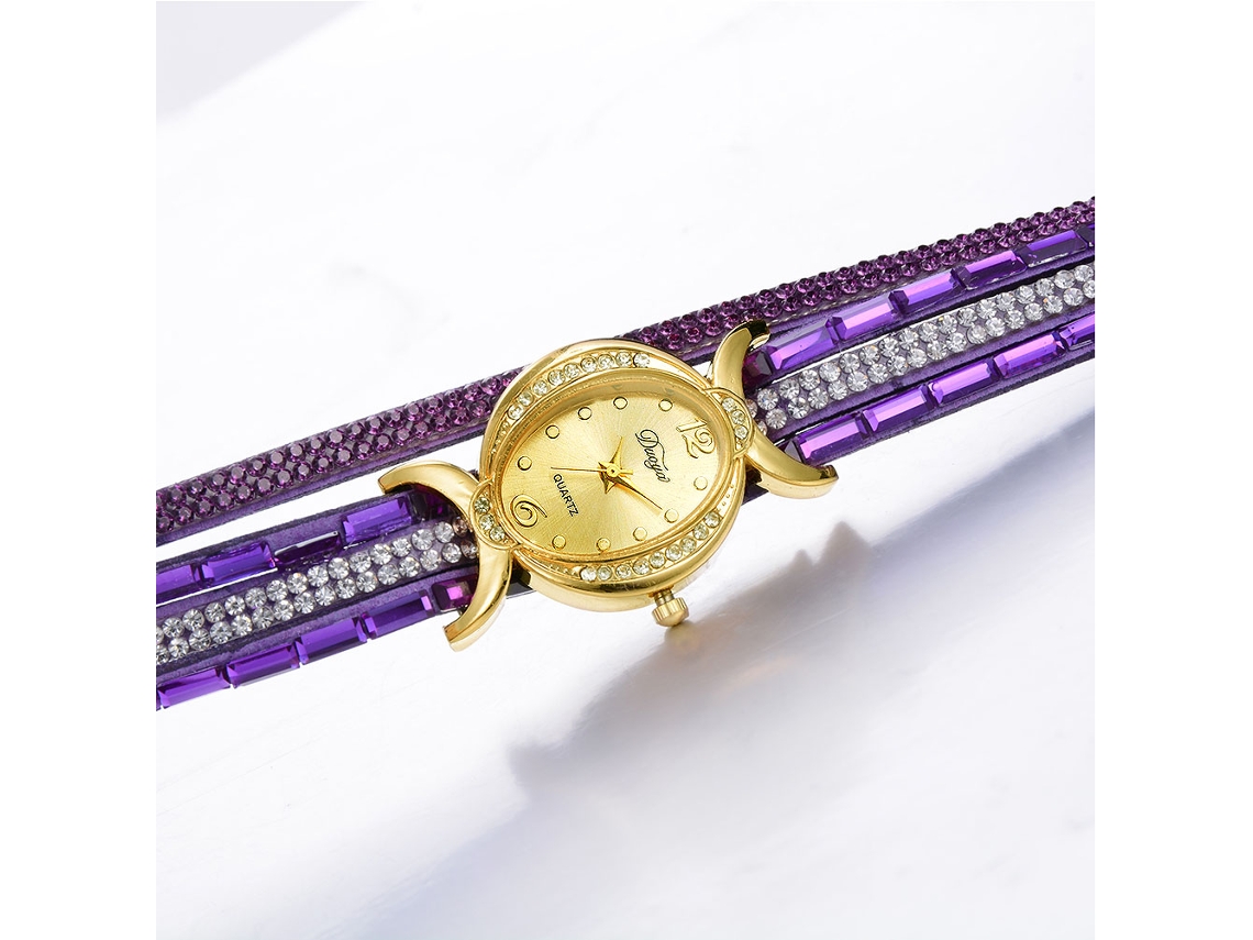 Relógio Pulseira Feminino de Quartzo com Cristais Brilhantes para Vestido Cor Roxo