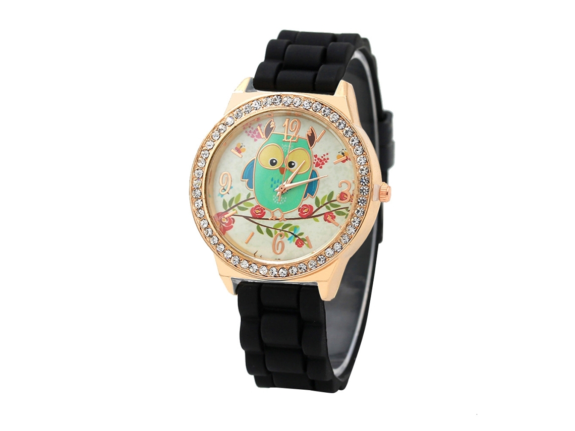 Relógio de Pulso Feminino com Strass Padrão de Coruja Pulseira de Silicone Preto