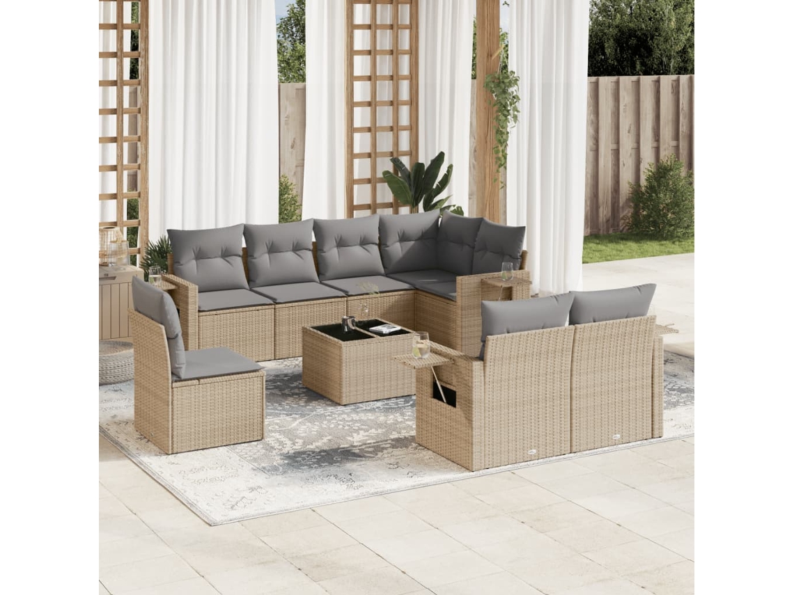 Vidaxl 9 Pcs Conjunto De Sofás P/ Jardim Com Almofadões Vime Pe Bege