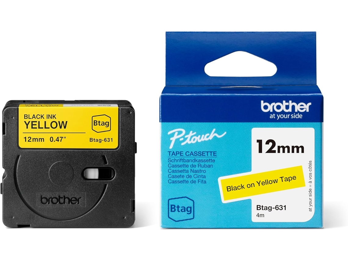 Brother Btag 631 Fita Adesiva Preta Sobre Amarela, 12 Mm de Largura, Sem Laminação Resistente Durável