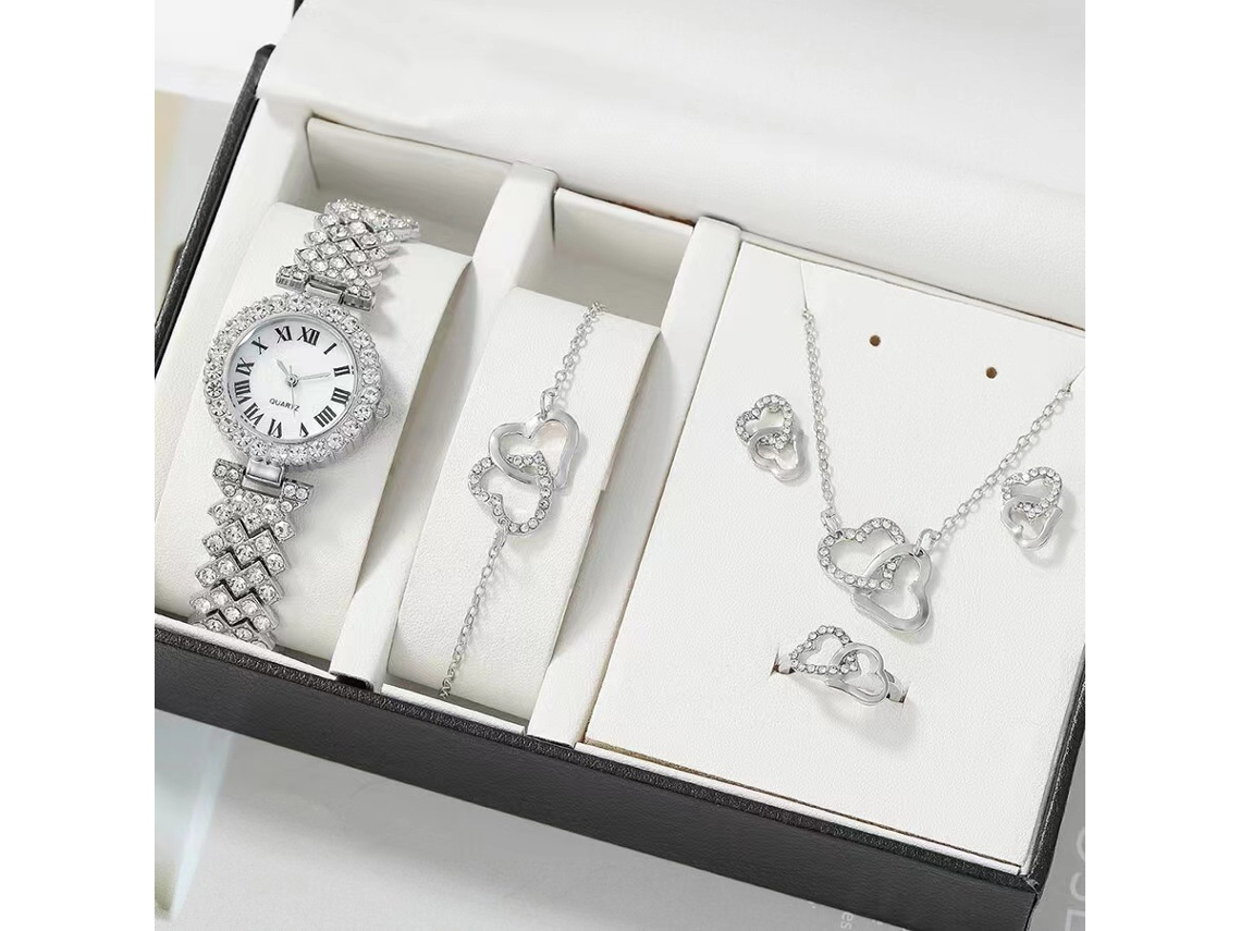 Conjunto de Presente, Presente Feminino, Relógio de Diamantes, Colar Love, Pulseira, Anel, Brincos e Caixa de Presente Laranja SPQMENT (prateada)