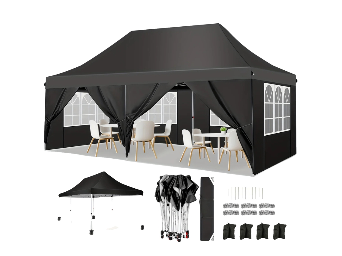Gazebo Pop Up, Tecido Impermeável, Configurações De Altura Ajustáveis, Preto