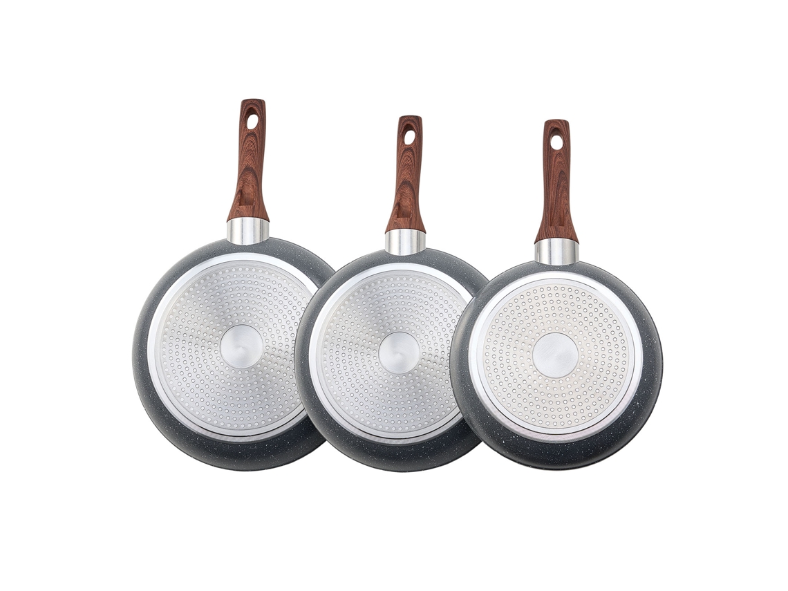 Frigideira de Alumínio para Ovos Conjunto 3 Peças 250 280 e 325 Mm Antiaderente Resistente com Cabo Ao Calor Cozinha Chef Gás Elétrica Indução Cinza