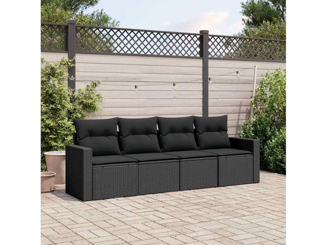 Vidaxl 4 Pcs Conjunto De Sofás Para Jardim C/ Almofadões Vime Pe Preto