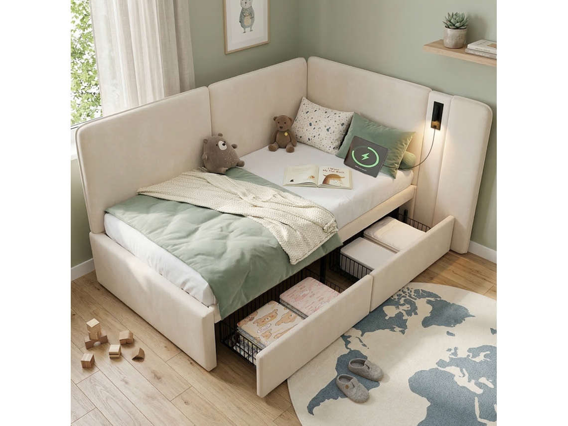 Cama De Dia 90x200 Cm Com Gavetas Usb Lâmpada Leitura Veludo Bege