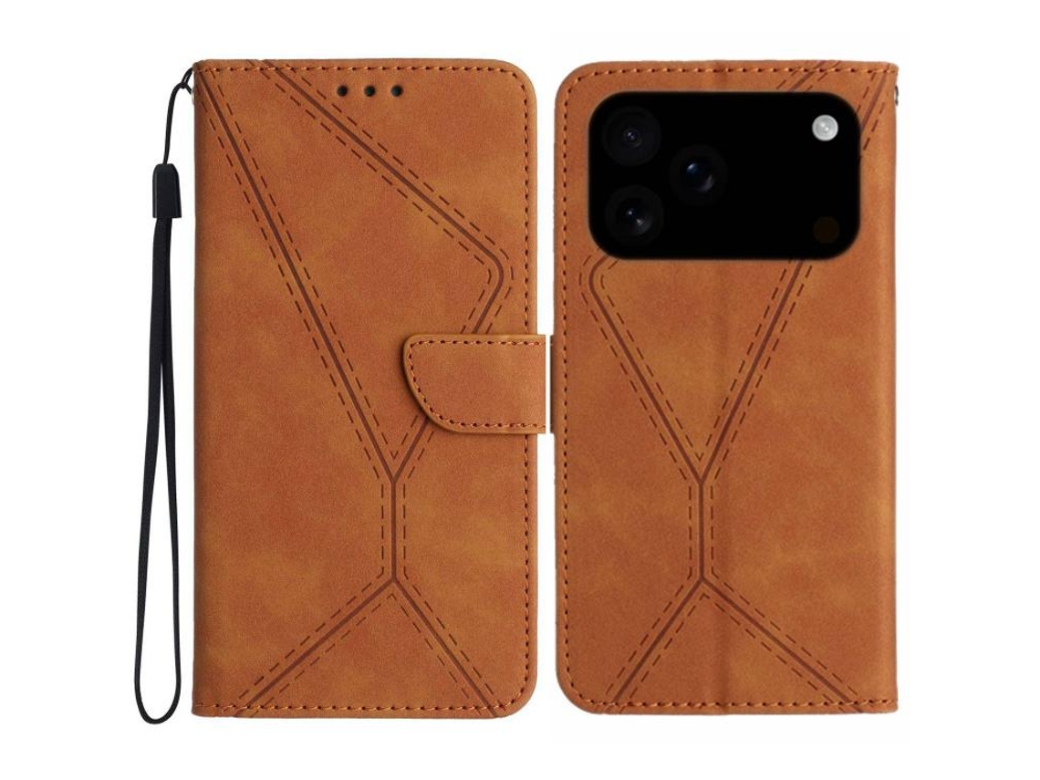 Capa De Couro Para Iphone 17 Pro Com Costura E Relevo.