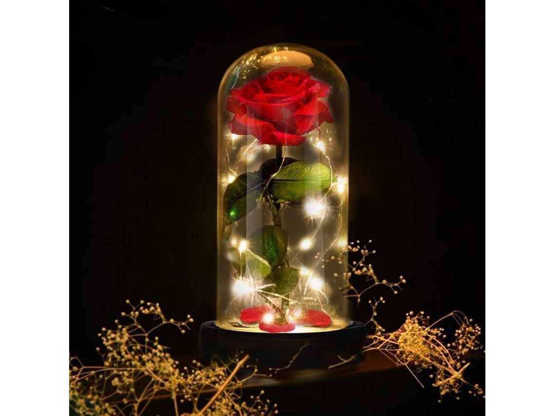 Rosa Eterna em Elegante Cúpula de Vidro com Base Pinho e Luminária Led, Everl BRILVIBERA