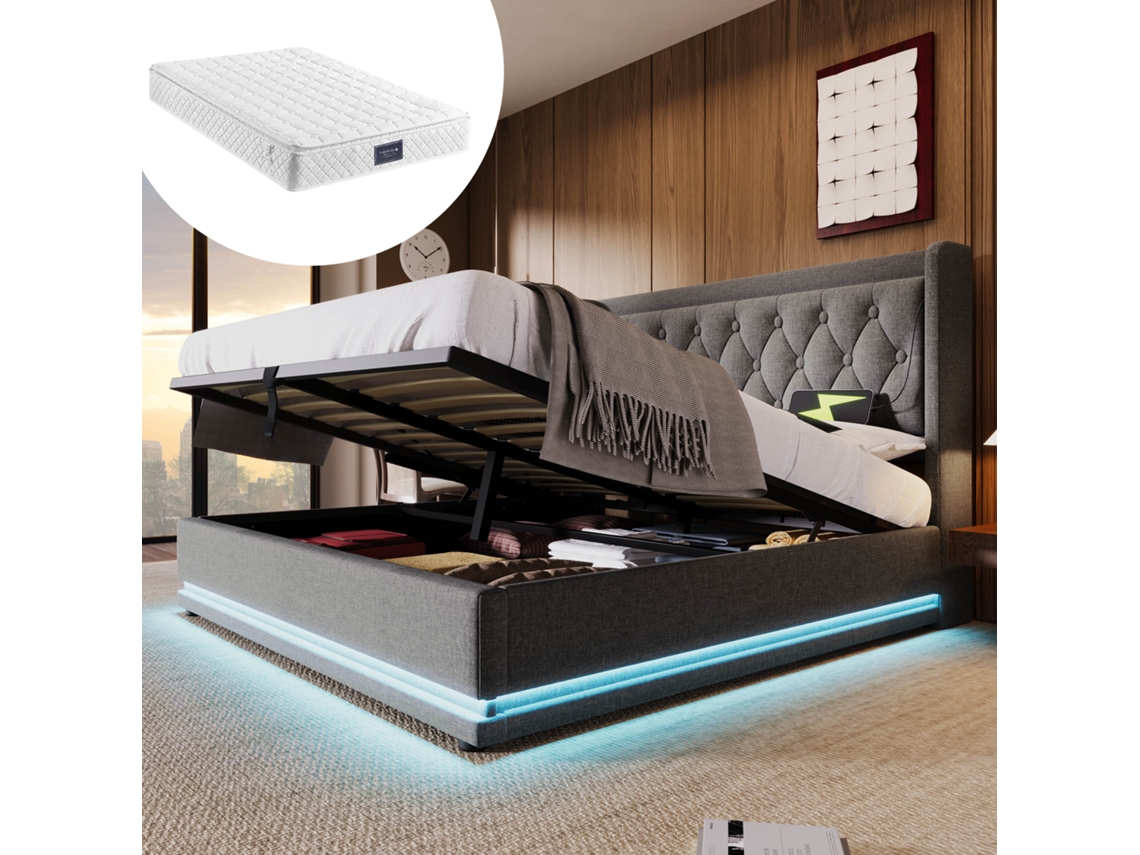 Cama 140x200 Algodão Cinza Led Usb c Elevação C/ Colchão