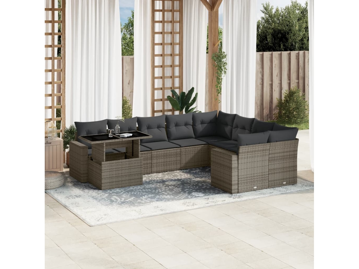 Vidaxl 10 Pcs Conjunto Sofás De Jardim C/ Almofadões Vime Pe Cinzento