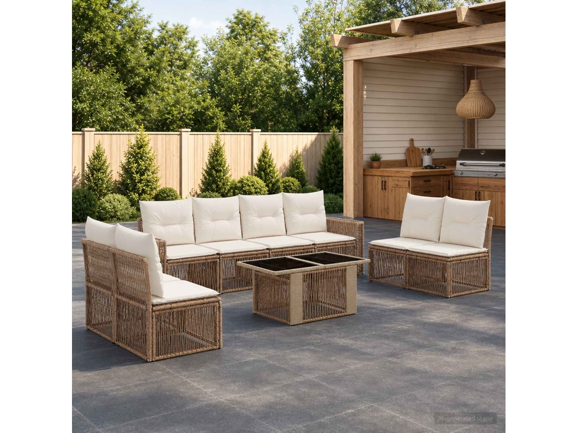 Vidaxl Conjunto De Sofá De Jardim 9 Unid. Bege E Branco Creme Vime Pe
