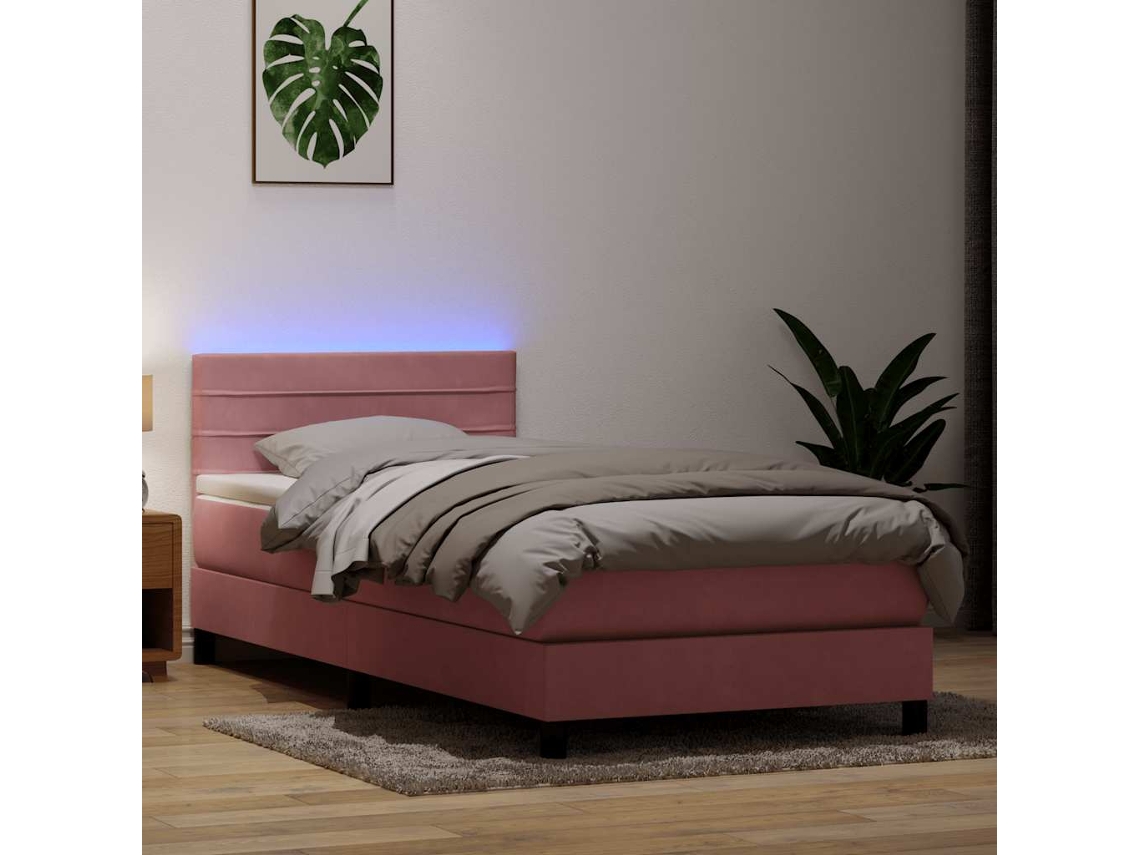 SYFAX™ Cama Box Spring C/ Colchão e Led Rosa 90x210 Cm Veludo