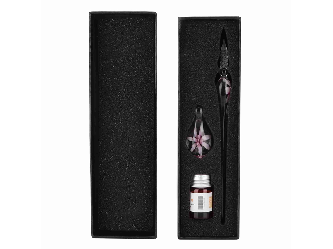 Caneta de Pintura de Vidro de Cristal Retro com Flor Rosa e Suporte com Tinta para Assinatura com S/MARCA