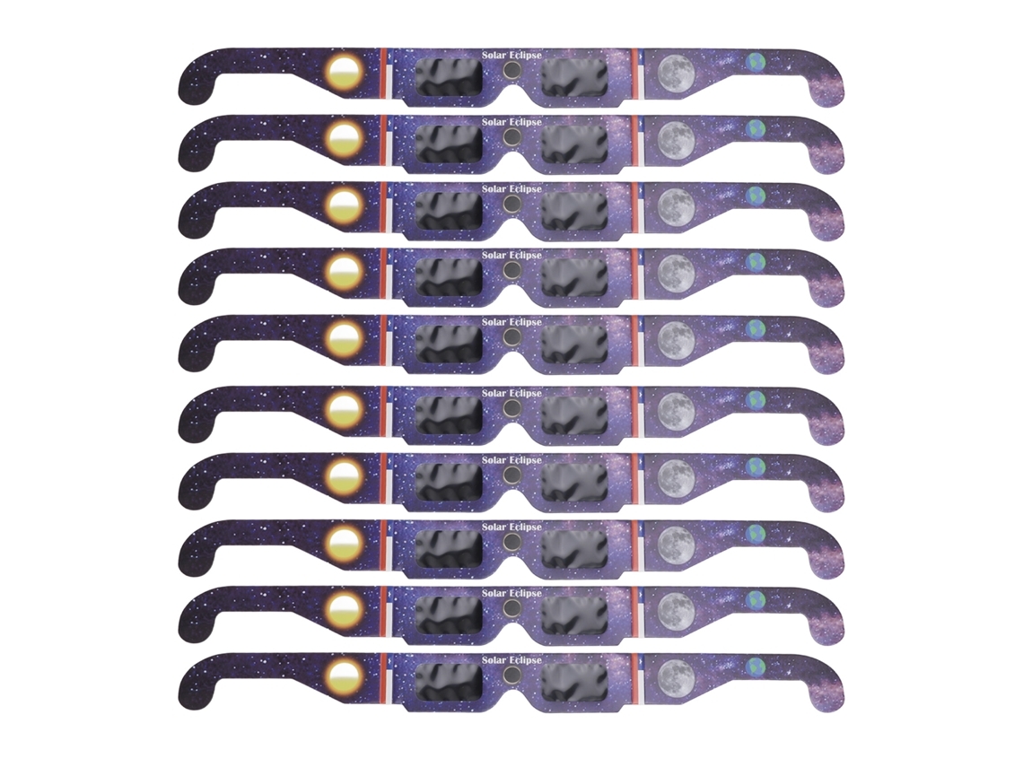 Dez Folhas De Papel Pardo, Impressas Com Imagens De Eclipses Em Formato De Óculos E Estrelas.
