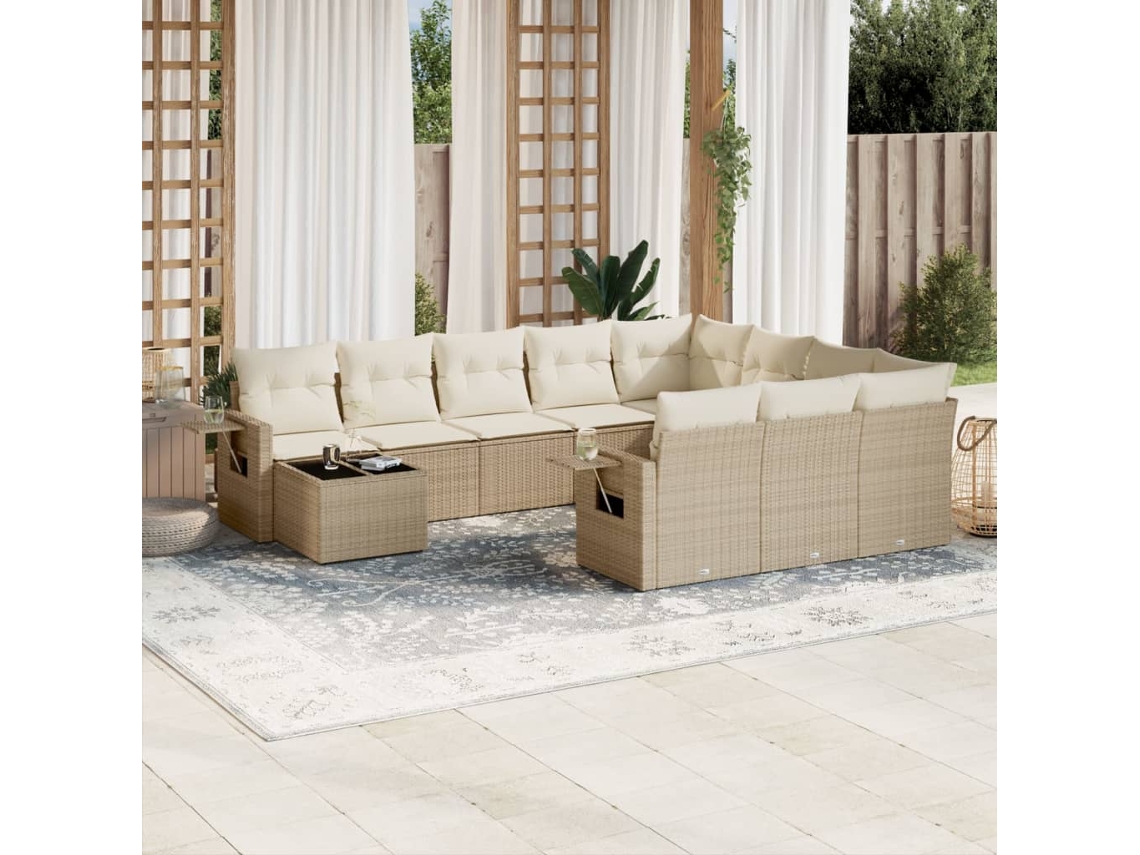 Vidaxl 11 Pcs Conjunto Sofás De Jardim C/ Almofadões Vime Pe Bege