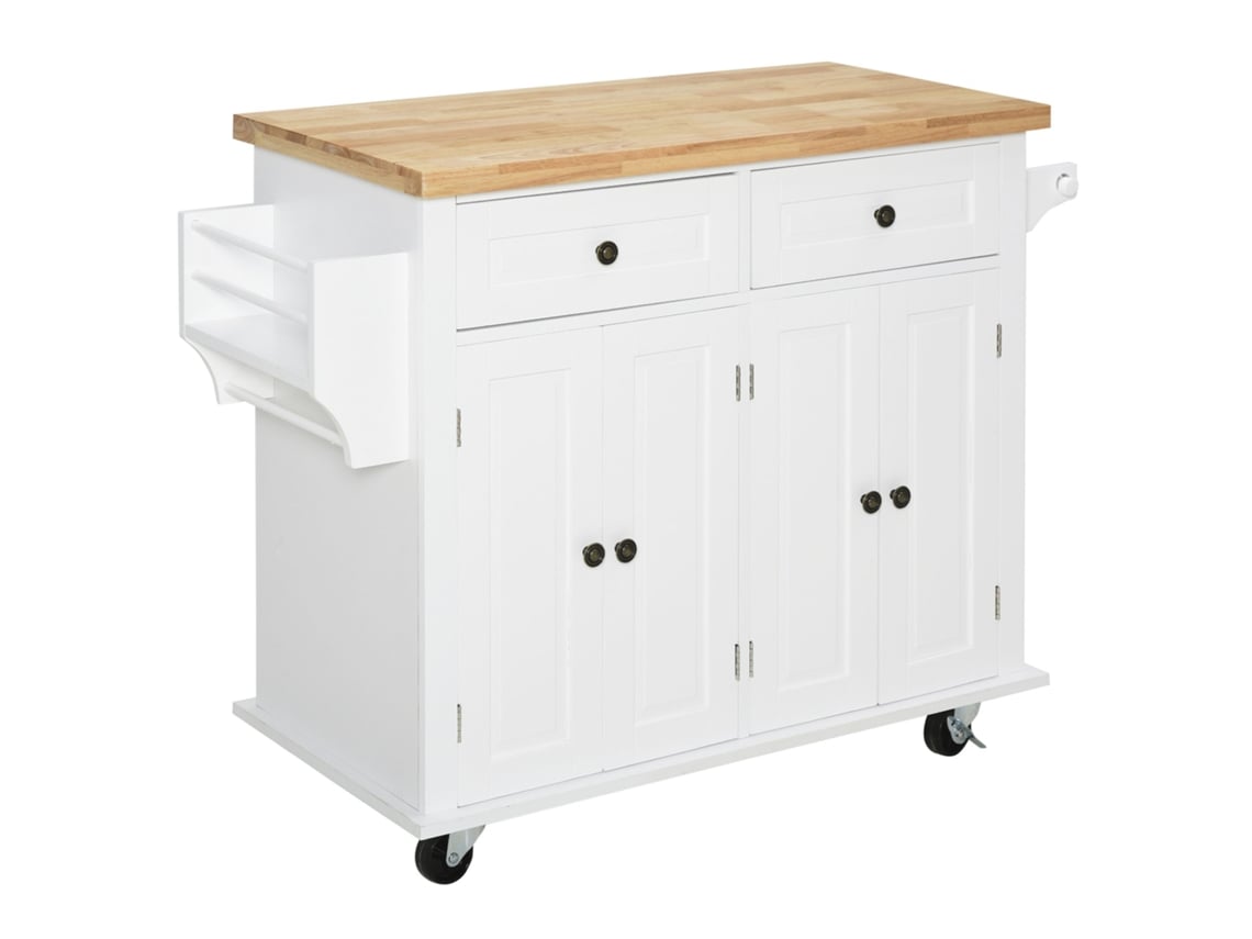 Ilha de Cozinha Mdf, Melamina de Madeira e Madeira de Borracha Cor Branco 111x44.5x82.5 cm Homcom