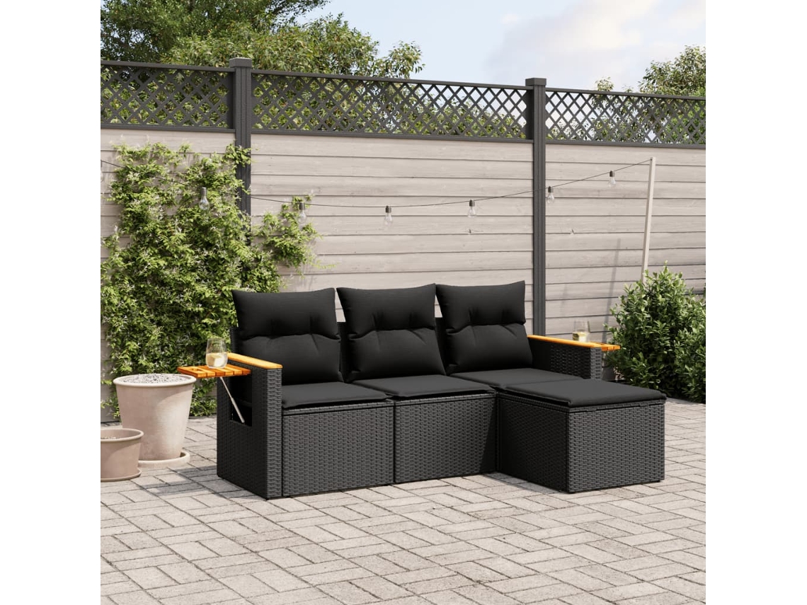 Vidaxl 4 Pcs Conjunto De Sofás Para Jardim C/ Almofadões Vime Pe Preto