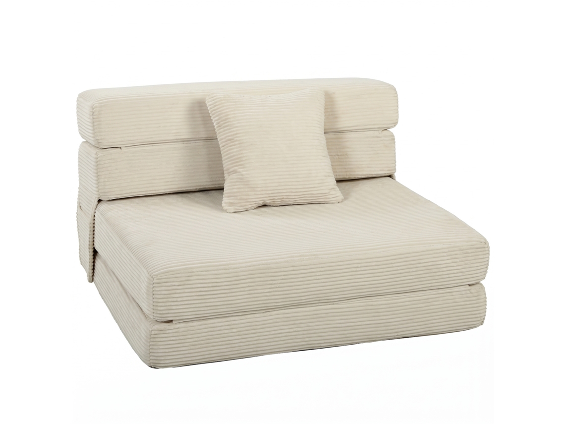 Sofá Cama Dobrável 2 Em 1, 1 Lugar Conversível Em Veludo Cotelê, Almofada, Bolsos, Creme