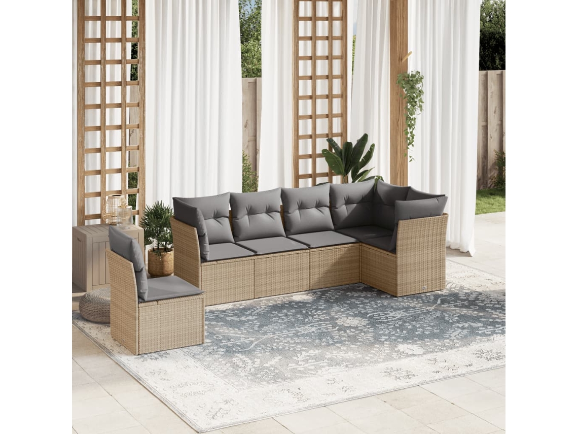 Vidaxl 6 Pcs Conjunto De Sofás P/ Jardim Com Almofadões Vime Pe Bege