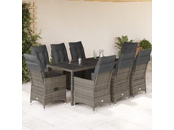 Vidaxl 9 Pcs Conjunto Bistrô De Jardim C/ Almofadões Vime Pe Cinzento