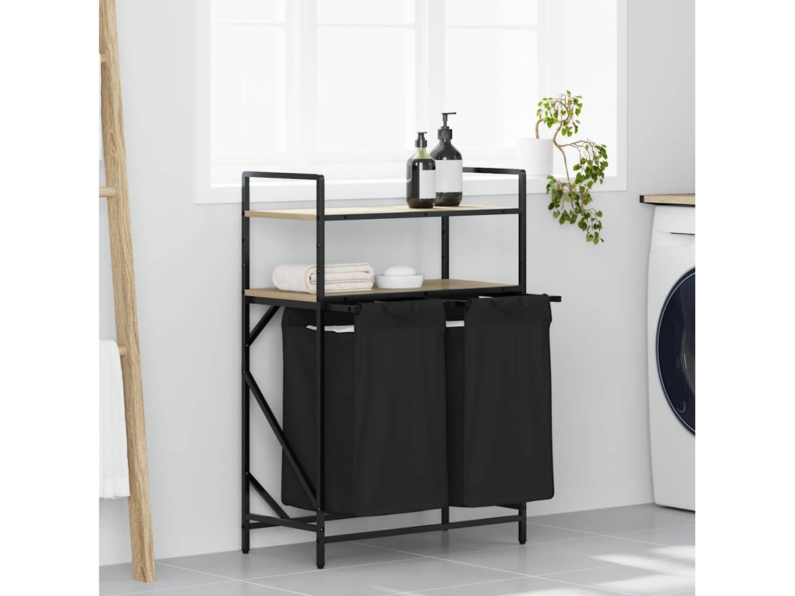 Vidaxl Cesto De Roupa Suja Com 2 Compartimentos E Prateleiras, Cor Carvalho Sonoma