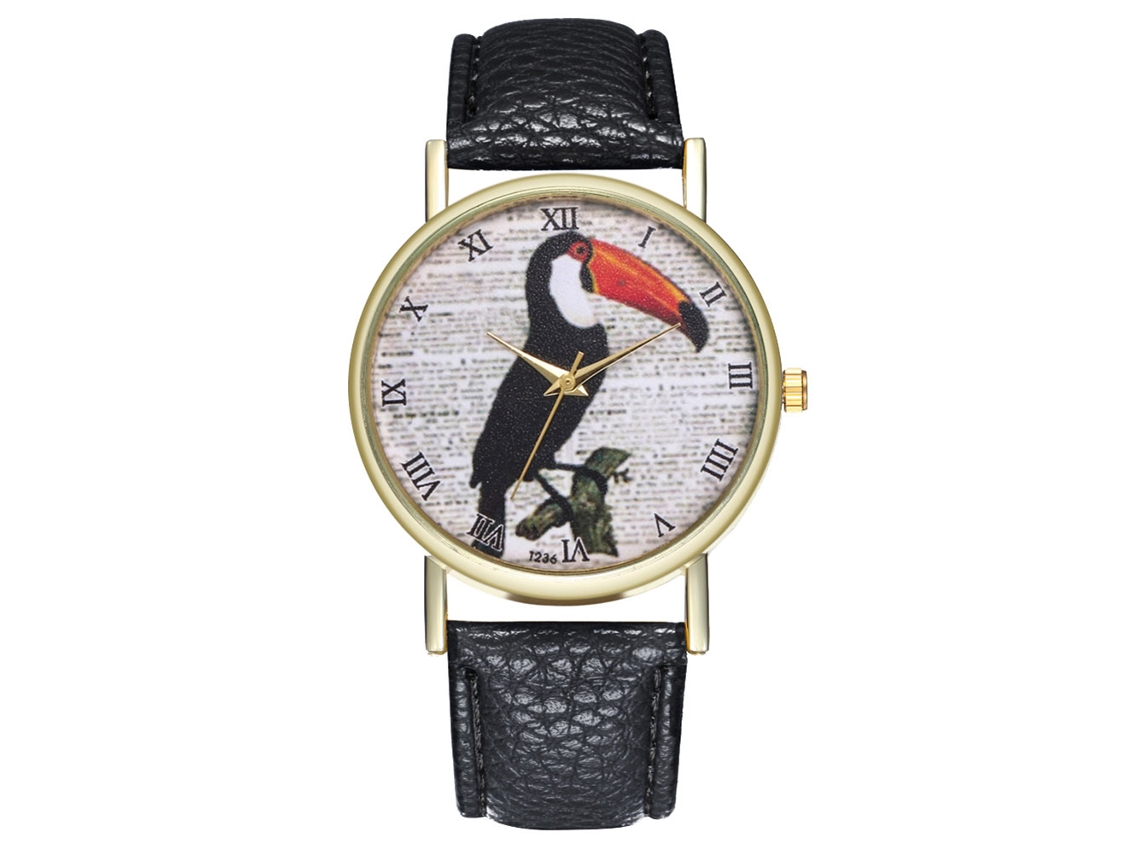Relógio de pulso analógico com design de pássaro fofo e pulseira de PU para mulheres e homens (preto)