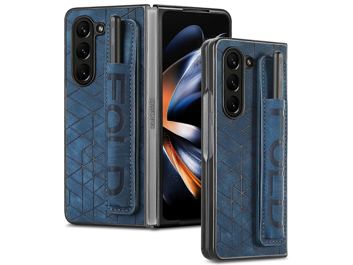 Compre Capa Para Samsung Galaxy Z Fold6 5g Com Pulseira De Couro Capa De Pc Com Compartimento Para Caneta, Azul