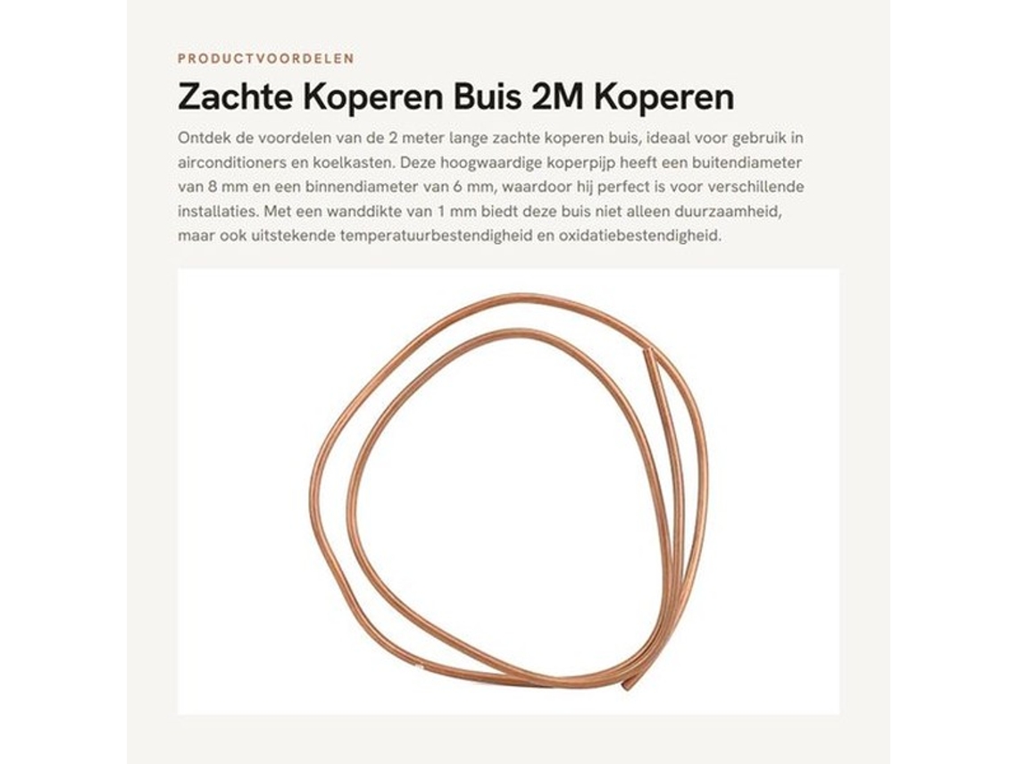 Tubulação De Cobre 2m - Bobina Suave - Diâmetro Externo 8mm - Diâmetro Interno 6mm - Espessura Da Parede 1mm - Durável C1100 T2 - Tubulação De Cobre