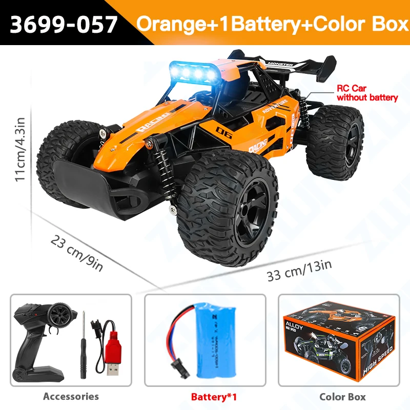 (laranja) Carro De Controle Remoto Off-road De Alta Velocidade 2.4g Em Liga Metálica Com Luzes Led, Brinquedo Infantil
