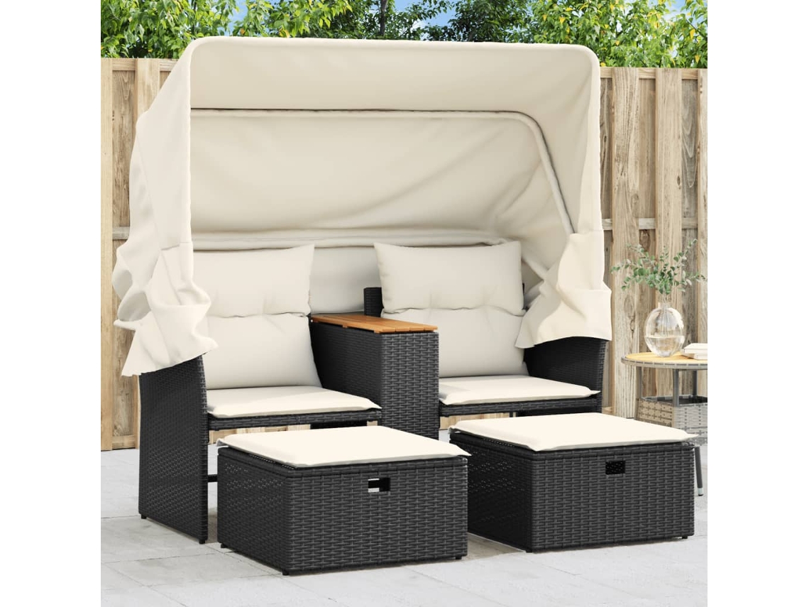 Sofá De Jardim 2 Lugares Com Toldo E Bancos Vime Pe Preto Dkd Home Decor