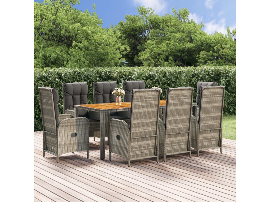 Vidaxl 9 Pcs Conjunto De Jantar P/ Jardim C/ Almofadões Vime Pe Cinza
