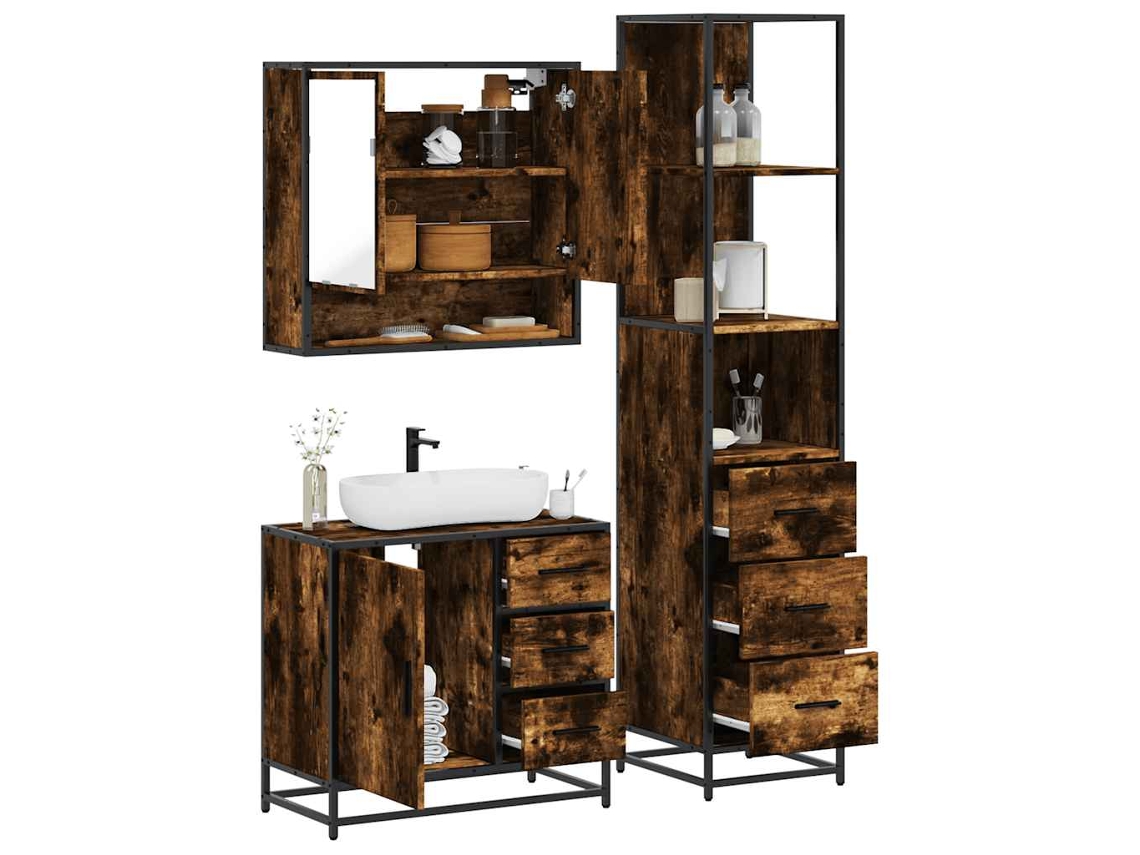 Vidaxl 3 Pcs Conjunto De Móveis Wc Madeira Processada Carvalho Fumado