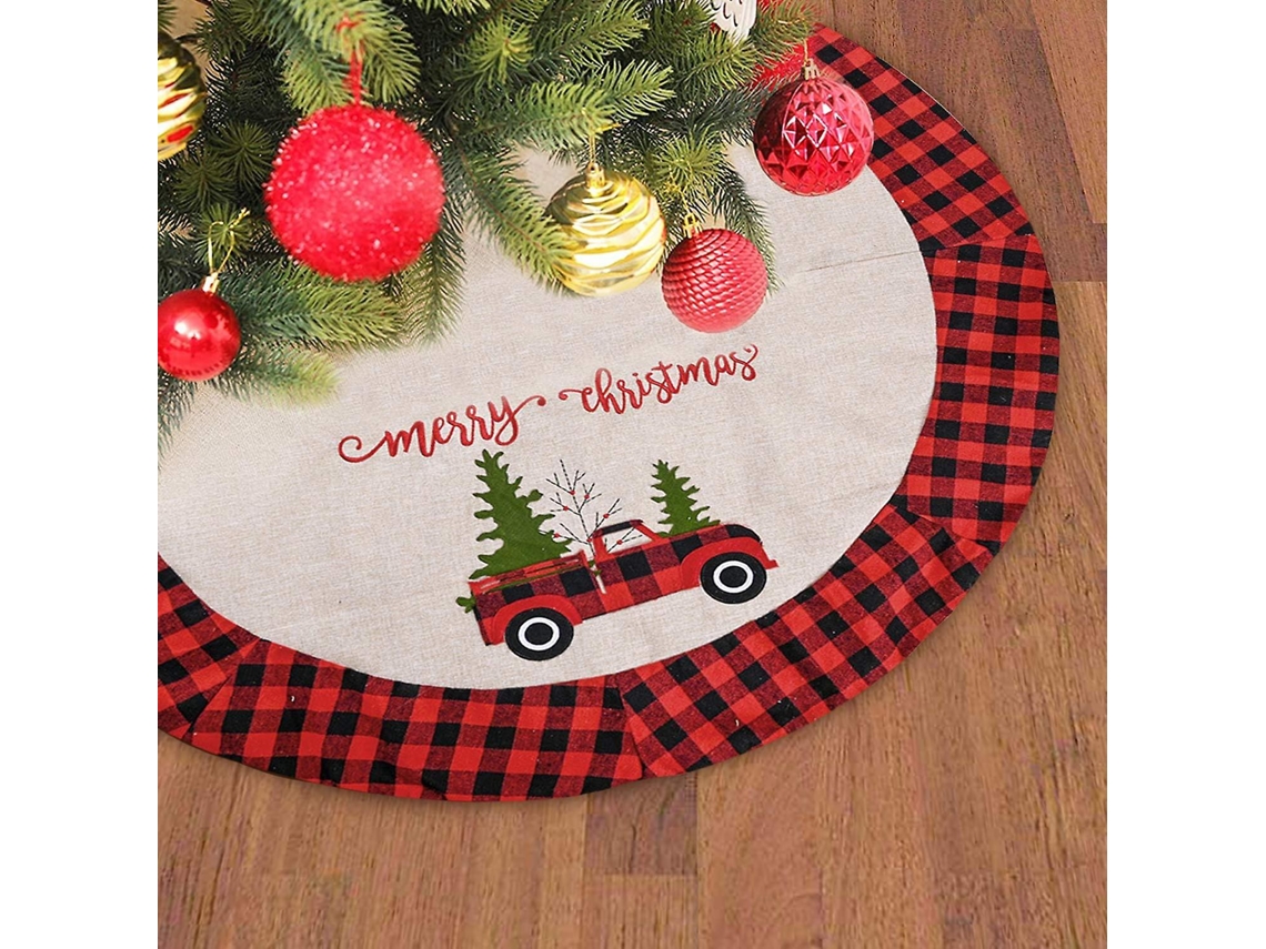 Falda De Árbol De Natal De 47 Polegadas Em Juta Com Borda De Quadros Vermelho E Preto Caminhão Rústico Decoração De Natal