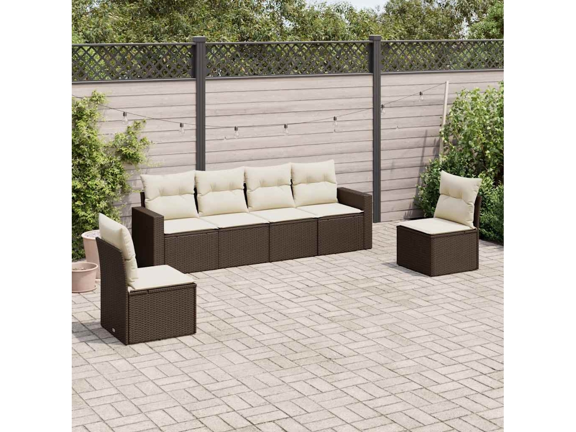 Jogo de Sofá 6 Peças Jardim C/ Almofadões Vime Pe Marrom Dkd Home Decor