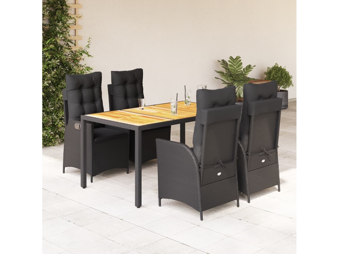 Vidaxl 5 Pcs Conjunto De Jantar P/ Jardim C/ Almofadões Vime Pe Preto